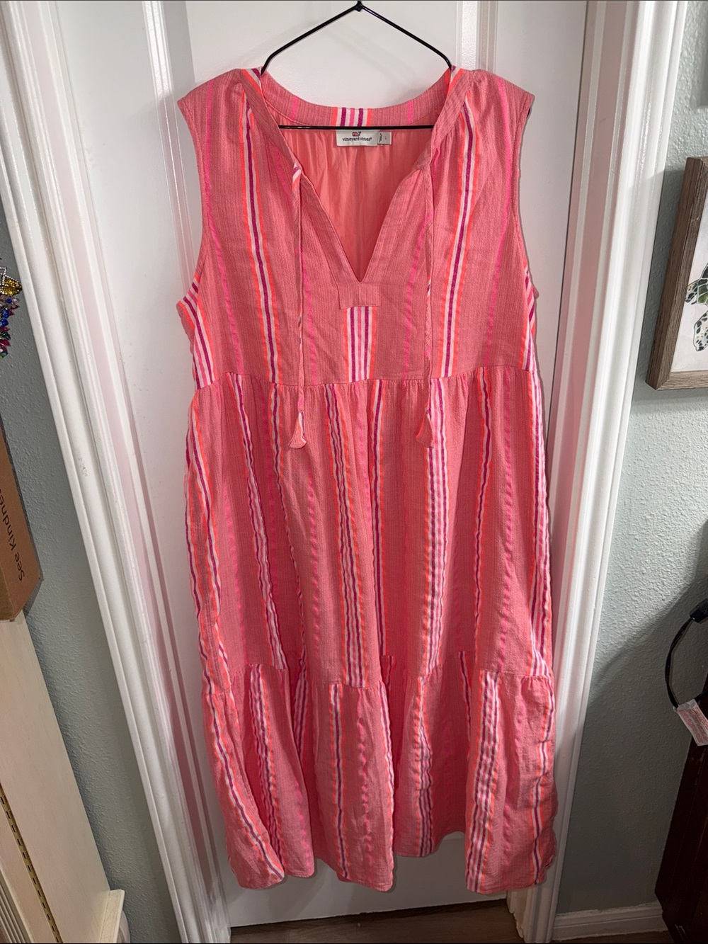 NWOT Vineyard Vines Striped Neon Pop Tiered Breezy Maxi Dress Size Large